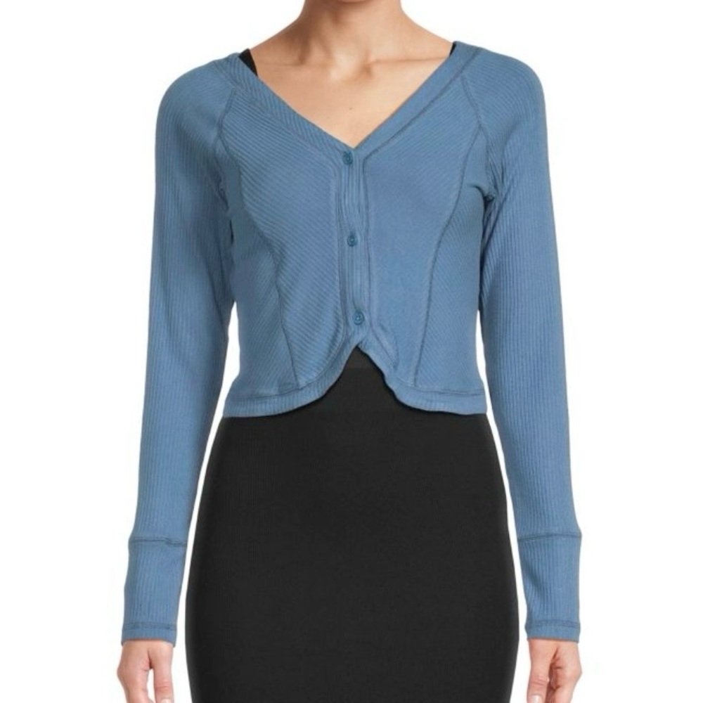 New Area Stars Ribbed Tulip Hem Button Front Cardigan Crop Top Blue Size Medium